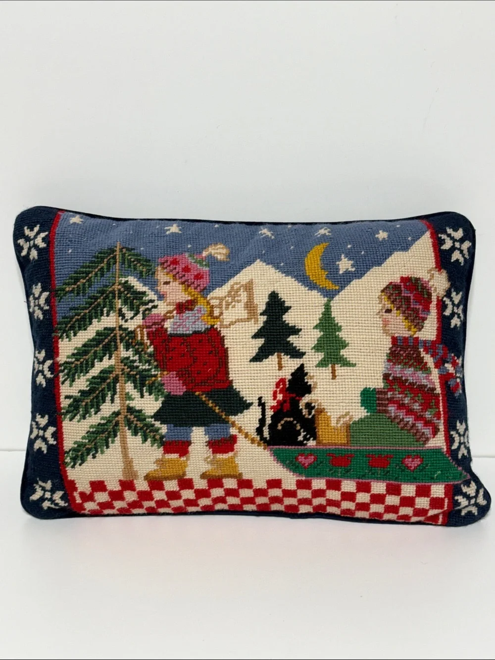 C&F Vintage Children playing in snow needlepoint wool throw pillow